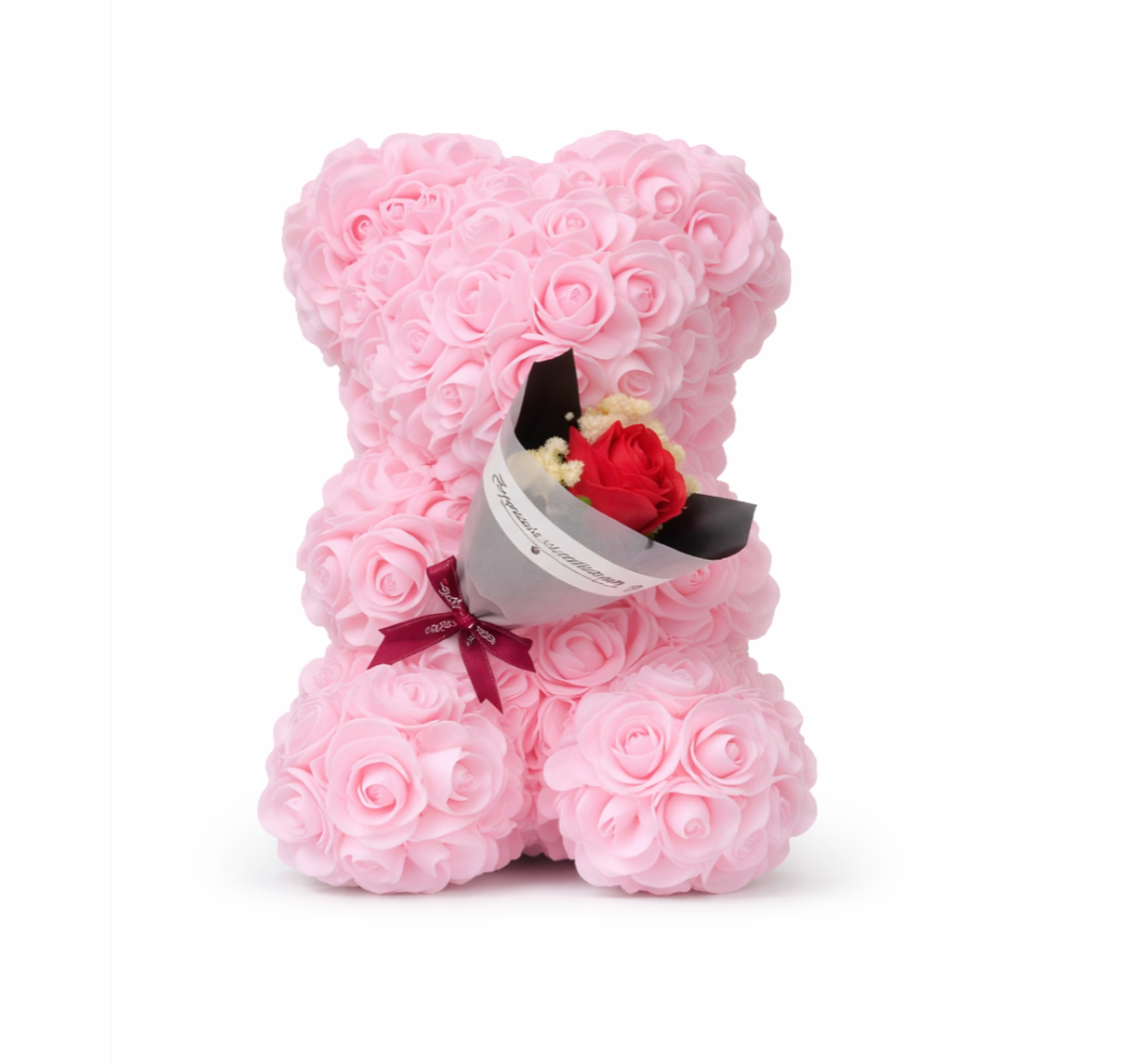 Ourse en roses avec mini Bouquet