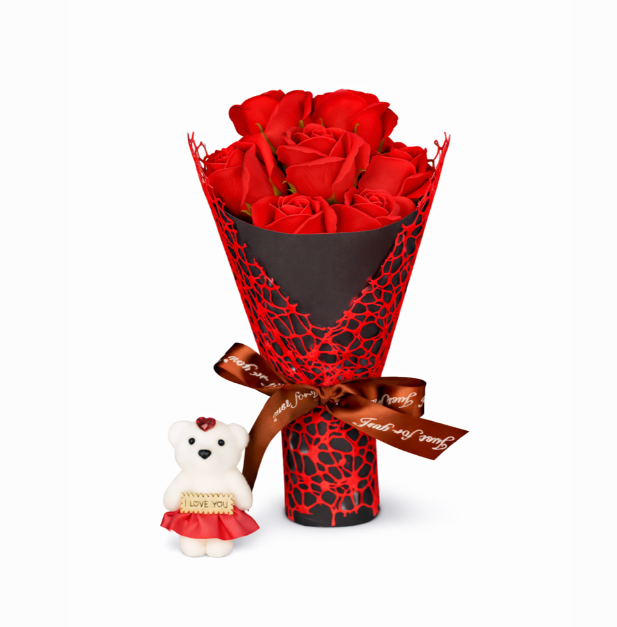 Bouquet de roses éternelle Rouge & mini ourson