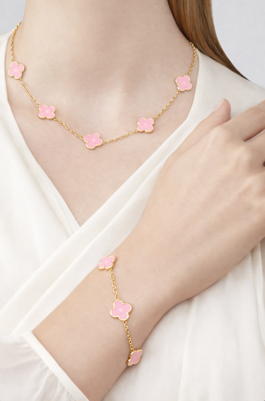 Collier Vintage trèfles Rose